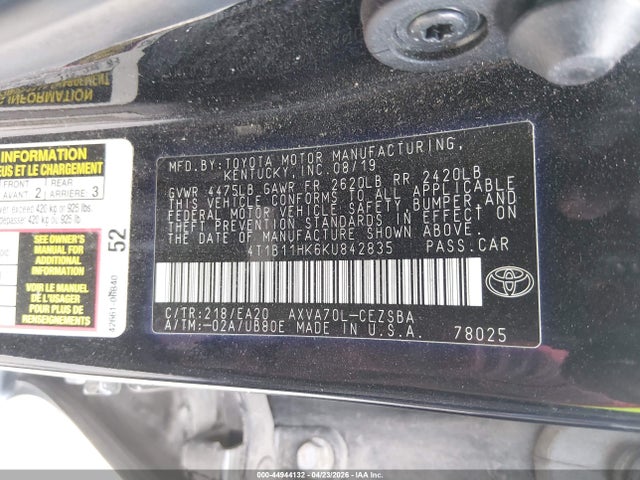 Продаж на аукціоні авто 2019 Toyota Camry Se, vin: 4T1B11HK6KU842835, номер лоту: 44944132
