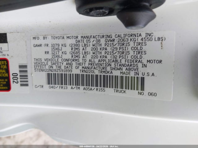 44944139 :رقم المزاد ، 5TENX22N28Z591899 vin ، 2008 Toyota Tacoma مزاد بيع