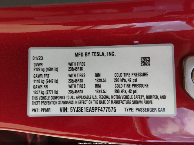 Aukcja sprzedaży 2023 Tesla Model 3 Rear-wheel Drive, vin: 5YJ3E1EA9PF477575, numer aukcji: 44944151