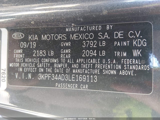 Aukcja sprzedaży 2020 Kia Forte Gt-line, vin: 3KPF34AD3LE169113, numer aukcji: 44944153