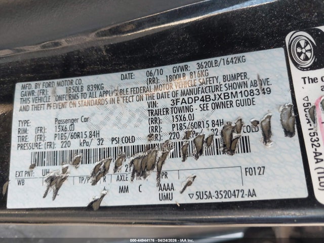 2011 Ford Fiesta Se მანქანა იყიდება აუქციონზე, vin: 3FADP4BJXBM108349, აუქციონის ნომერი: 44944176
