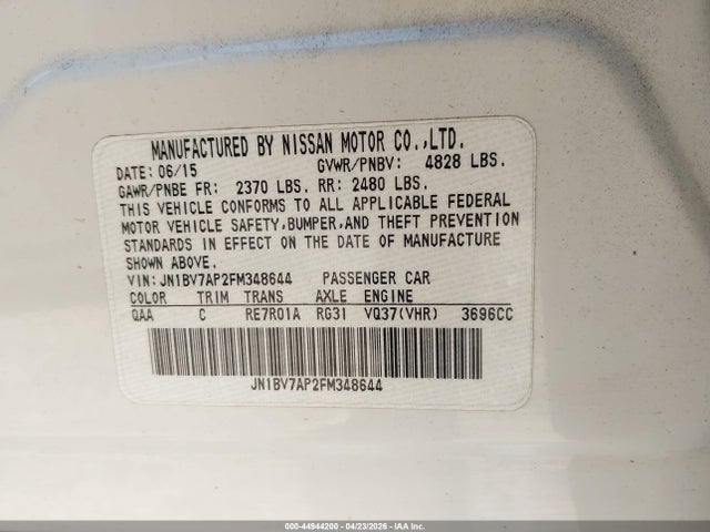 Aukcja sprzedaży 2015 Infiniti Q50 Premium, vin: JN1BV7AP2FM348644, numer aukcji: 44944200