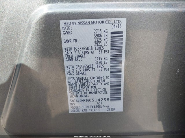 2016 Infiniti Qx60 მანქანა იყიდება აუქციონზე, vin: 5N1AL0MM3GC514258, აუქციონის ნომერი: 44944222