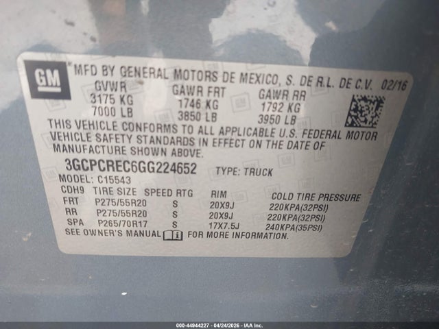 2016 Chevrolet Silverado 1500 1lt მანქანა იყიდება აუქციონზე, vin: 3GCPCREC6GG224652, აუქციონის ნომერი: 44944227