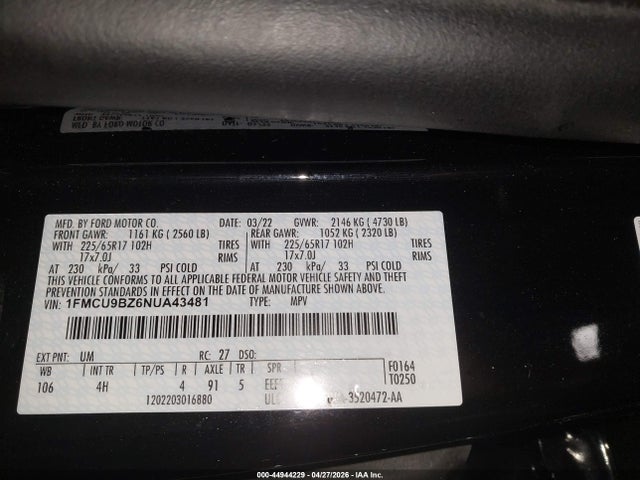 Aukcja sprzedaży 2022 Ford Escape Se Hybrid, vin: 1FMCU9BZ6NUA43481, numer aukcji: 44944229