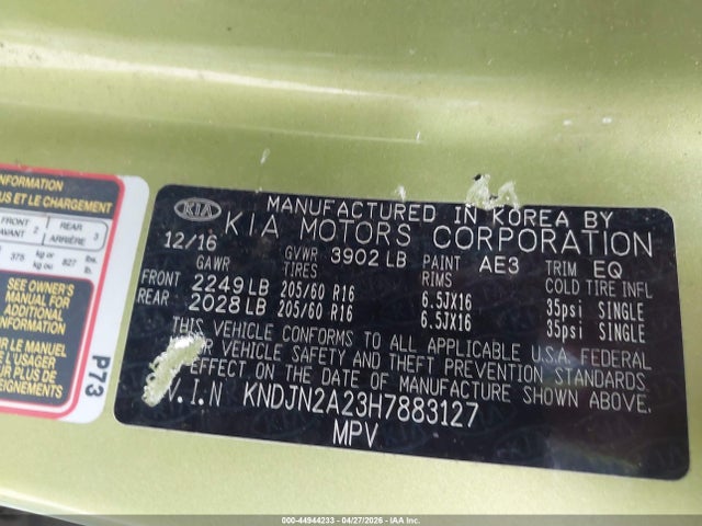 44944233 :رقم المزاد ، KNDJN2A23H7883127 vin ، 2017 Kia Soul مزاد بيع