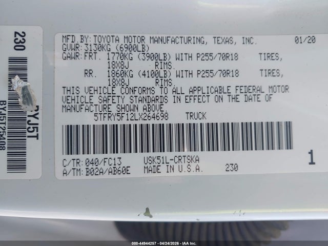 Aukcja sprzedaży 2020 Toyota Tundra Sr5, vin: 5TFRY5F12LX264698, numer aukcji: 44944257
