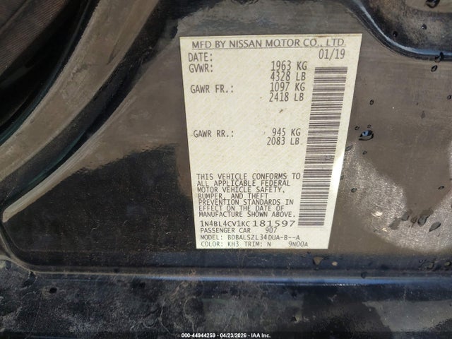 44944259 :رقم المزاد ، 1N4BL4CV1KC181597 vin ، 2019 Nissan Altima 2.5 Sr مزاد بيع
