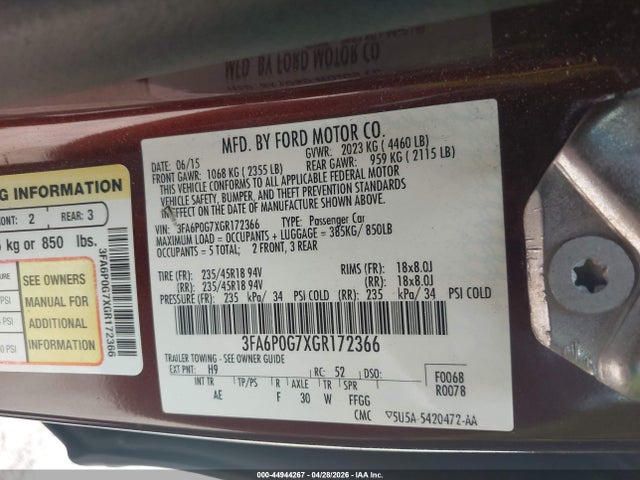 2016 Ford Fusion S მანქანა იყიდება აუქციონზე, vin: 3FA6P0G7XGR172366, აუქციონის ნომერი: 44944267