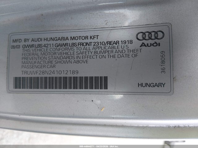 Aukcja sprzedaży 2004 Audi Tt 3.2l, vin: TRUWF28N241012189, numer aukcji: 44944271