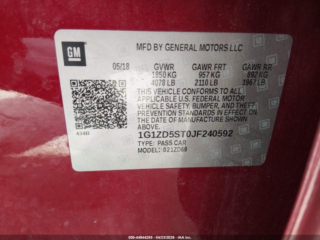 2018 Chevrolet Malibu Lt მანქანა იყიდება აუქციონზე, vin: 1G1ZD5ST0JF240592, აუქციონის ნომერი: 44944285
