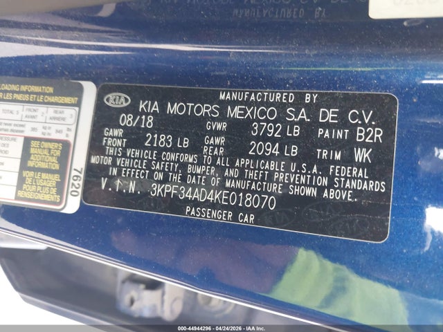 44944296 :رقم المزاد ، 3KPF34AD4KE018070 vin ، 2019 Kia Forte S مزاد بيع