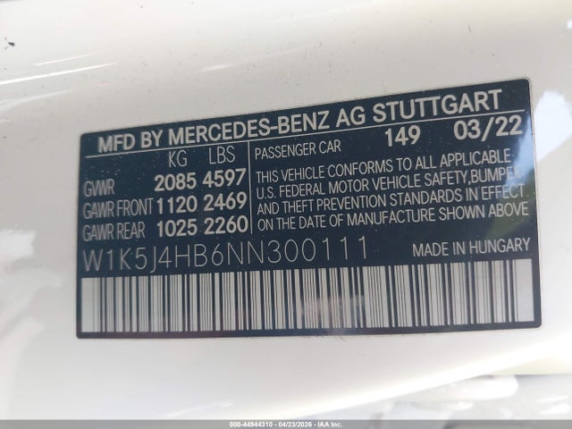 44944310 :رقم المزاد ، W1K5J4HB6NN300111 vin ، 2022 Mercedes-benz Cla 250 Coupe 4matic مزاد بيع