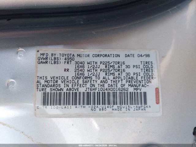 Auction sale of the 1999 Lexus Rx 300, vin: JT6HF10U4X0016262, lot number: 44944311