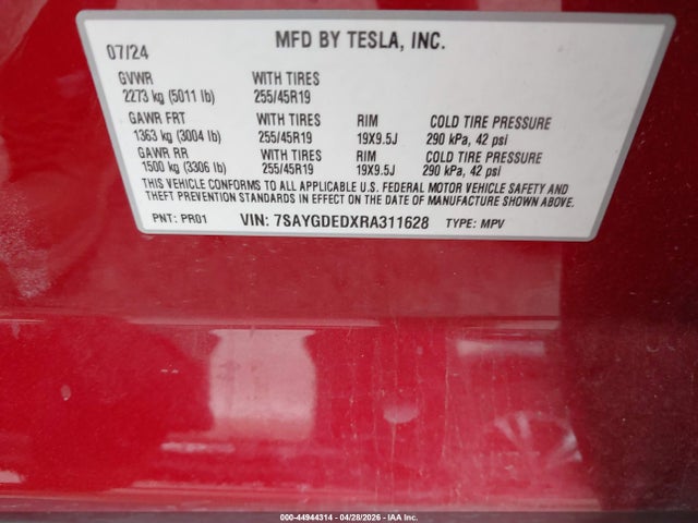7SAYGDEDXRA311628 Tesla Model Y Long Range Single Motor Rear-wheel Drive/rwd