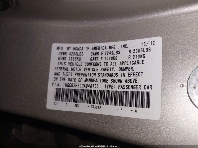 44944318 :رقم المزاد ، 1HGCR2F30DA048700 vin ، 2013 Honda Accord Lx مزاد بيع