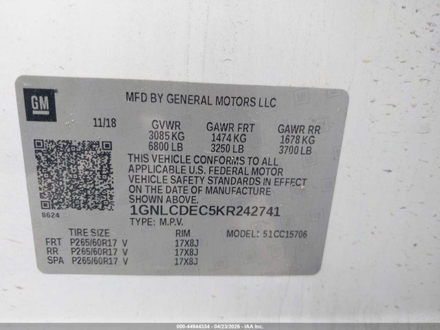 44944334 :رقم المزاد ، 1GNLCDEC5KR242741 vin ، 2019 Chevrolet Tahoe Commercial Fleet مزاد بيع