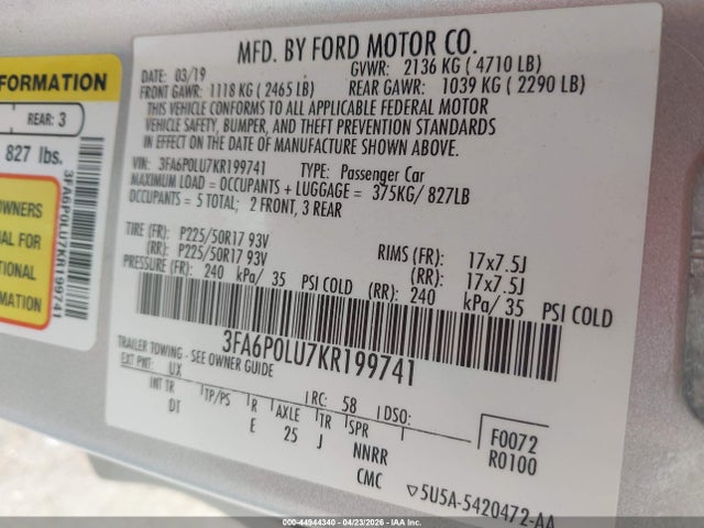 Aukcja sprzedaży 2019 Ford Fusion Hybrid Se, vin: 3FA6P0LU7KR199741, numer aukcji: 44944340