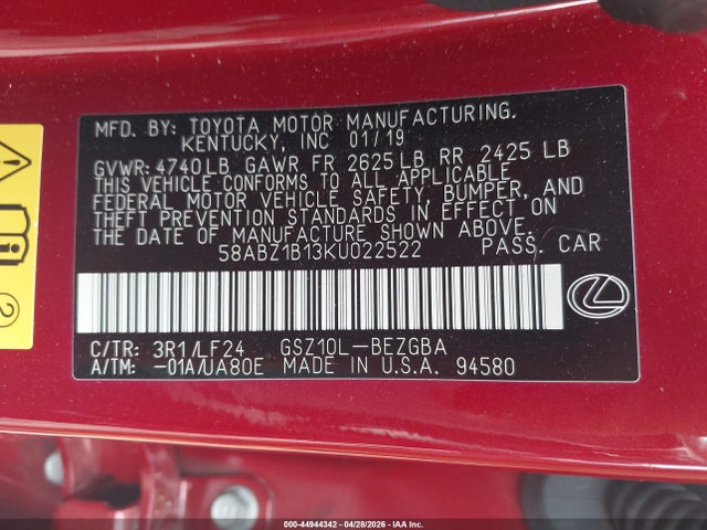 Aukcja sprzedaży 2019 Lexus Es 350 F Sport, vin: 58ABZ1B13KU022522, numer aukcji: 44944342