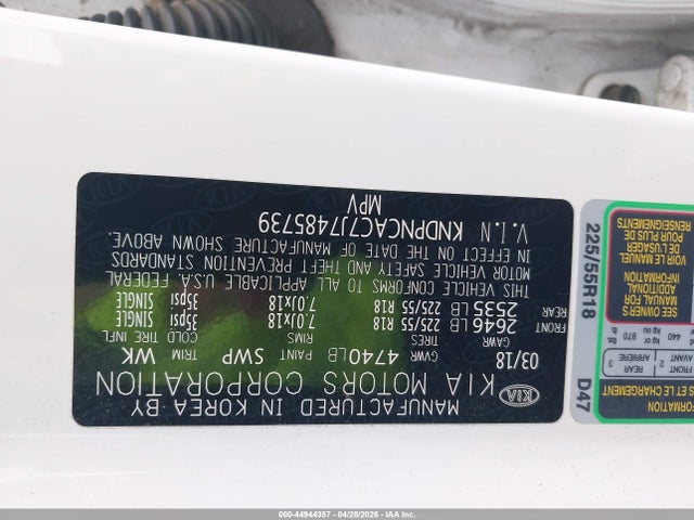2018 Kia Sportage Ex მანქანა იყიდება აუქციონზე, vin: KNDPNCAC7J7485739, აუქციონის ნომერი: 44944357