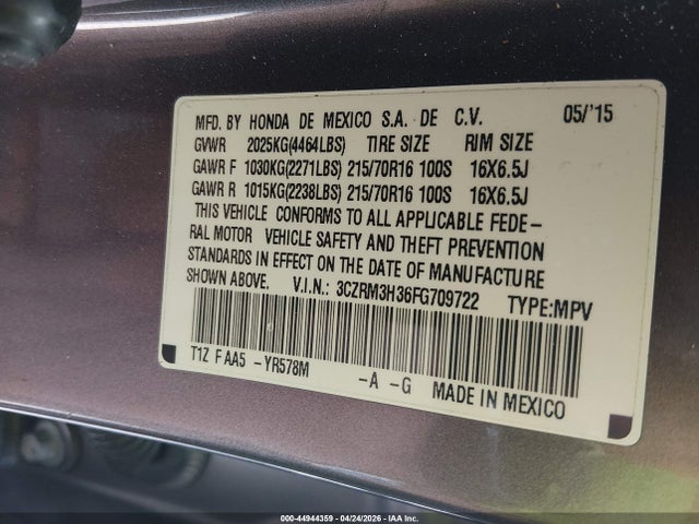 44944359 :رقم المزاد ، 3CZRM3H36FG709722 vin ، 2015 Honda Cr-v Lx مزاد بيع