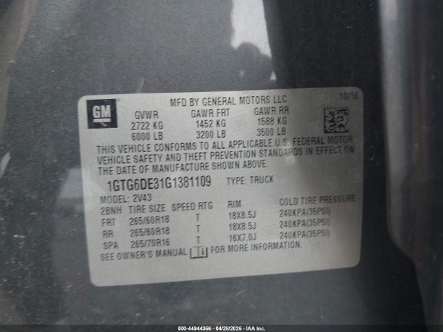 1GTG6DE31G1381109 GMC CANYON SLT