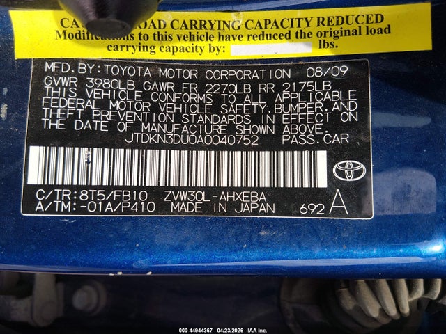 Aukcja sprzedaży 2010 Toyota Prius Ii, vin: JTDKN3DU0A0040752, numer aukcji: 44944367