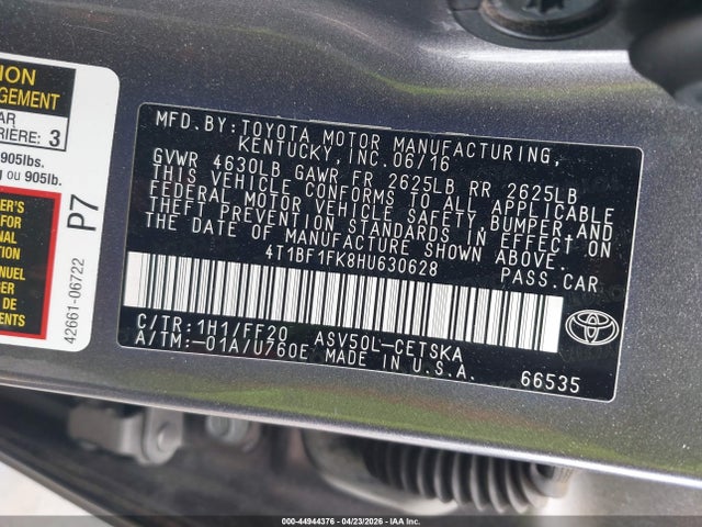 Aukcja sprzedaży 2017 Toyota Camry Se, vin: 4T1BF1FK8HU630628, numer aukcji: 44944376