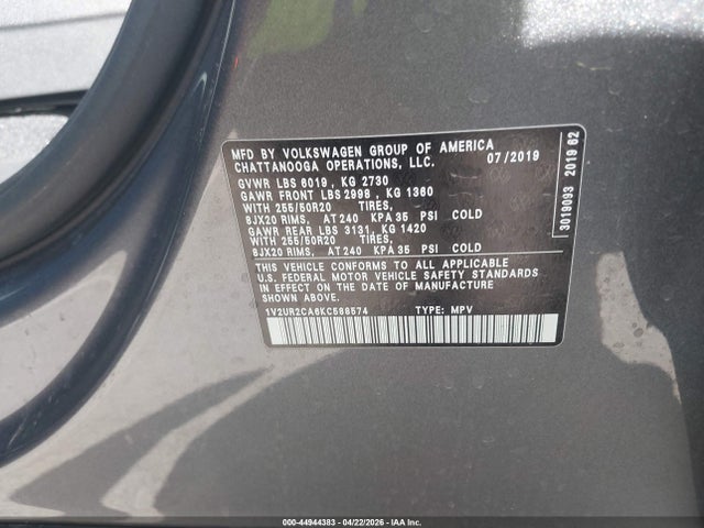 44944383 :رقم المزاد ، 1V2UR2CA6KC588574 vin ، 2019 Volkswagen Atlas 3.6l V6 Se W/technology مزاد بيع