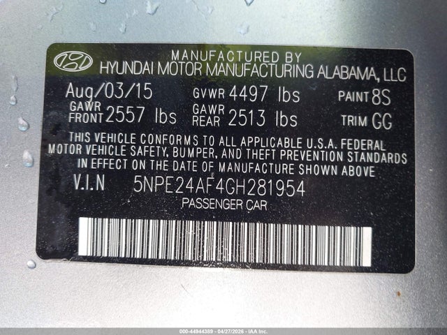 44944389 :رقم المزاد ، 5NPE24AF4GH281954 vin ، 2016 Hyundai Sonata Se مزاد بيع
