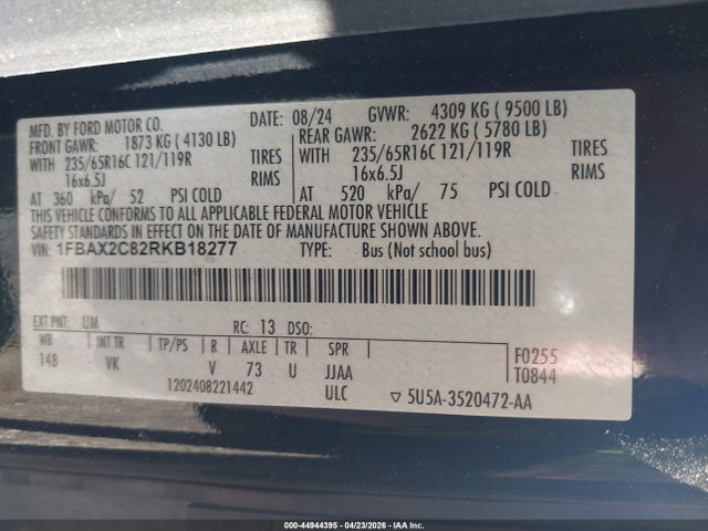 44944395 :رقم المزاد ، 1FBAX2C82RKB18277 vin ، 2024 Ford Transit-350 Passenger Van Xl مزاد بيع