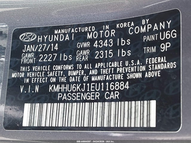 2014 Hyundai Genesis 3.8 R-spec მანქანა იყიდება აუქციონზე, vin: KMHHU6KJ1EU116884, აუქციონის ნომერი: 44944397