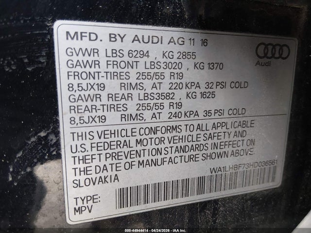 2017 Audi Q7 2.0t Premium მანქანა იყიდება აუქციონზე, vin: WA1LHBF73HD036561, აუქციონის ნომერი: 44944414