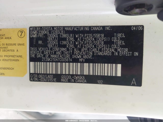 44944423 :رقم المزاد ، 2T2GK31U47C005614 vin ، 2007 Lexus Rx 350 مزاد بيع