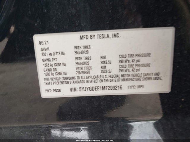 Aukcja sprzedaży 2021 Tesla Model Y Long Range Dual Motor All-wheel Drive, vin: 5YJYGDEE1MF209216, numer aukcji: 44944426
