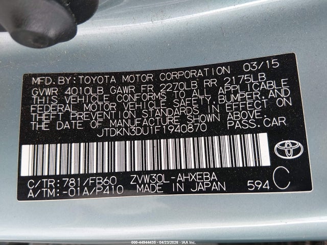 Toyota Prius Three 2015 JTDKN3DU1F1940870 Image 9