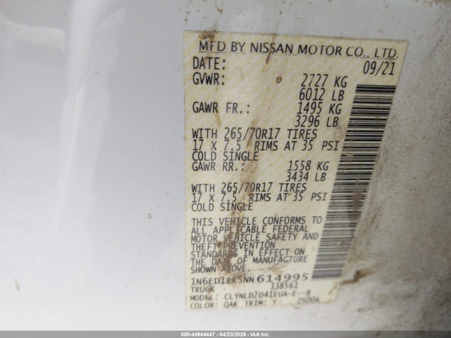 44944447 :رقم المزاد ، 1N6ED1EK5NN614995 vin ، 2022 Nissan Frontier Pro-4x 4x4 مزاد بيع