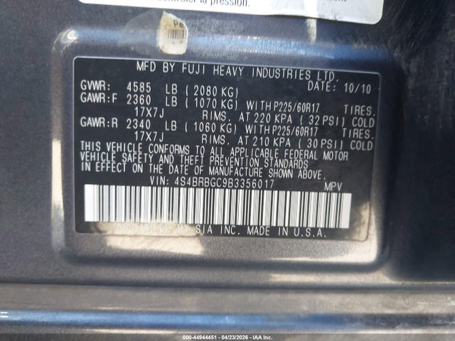 2011 Subaru Outback 2.5i Premium მანქანა იყიდება აუქციონზე, vin: 4S4BRBGC9B3356017, აუქციონის ნომერი: 44944451