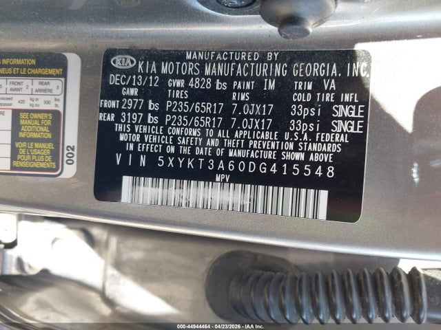 Продаж на аукціоні авто 2013 Kia Sorento Lx, vin: 5XYKT3A60DG415548, номер лоту: 44944464