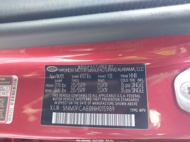 Auction sale of the 2022 Hyundai Tucson Sel, vin: 5NMJFCAE0NH015989, lot number: 44944466
