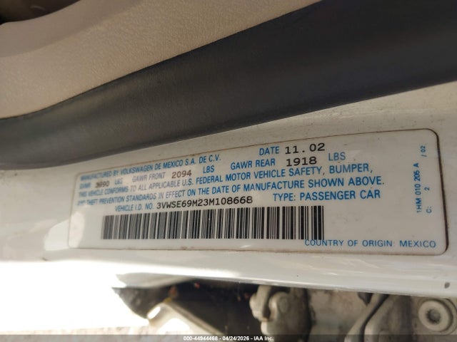 Продаж на аукціоні авто 2003 Volkswagen Jetta Gls 1.8t, vin: 3VWSE69M23M108668, номер лоту: 44944468