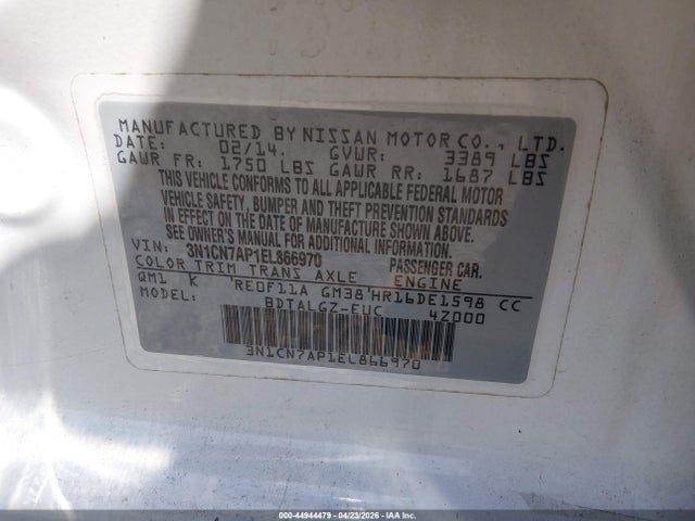 2014 Nissan Versa 1.6 Sl მანქანა იყიდება აუქციონზე, vin: 3N1CN7AP1EL866970, აუქციონის ნომერი: 44944479