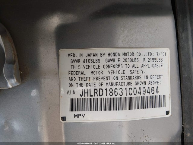 Продажа на аукционе авто 2001 Honda Cr-v Ex, vin: JHLRD18631C049464, номер лота: 44944488