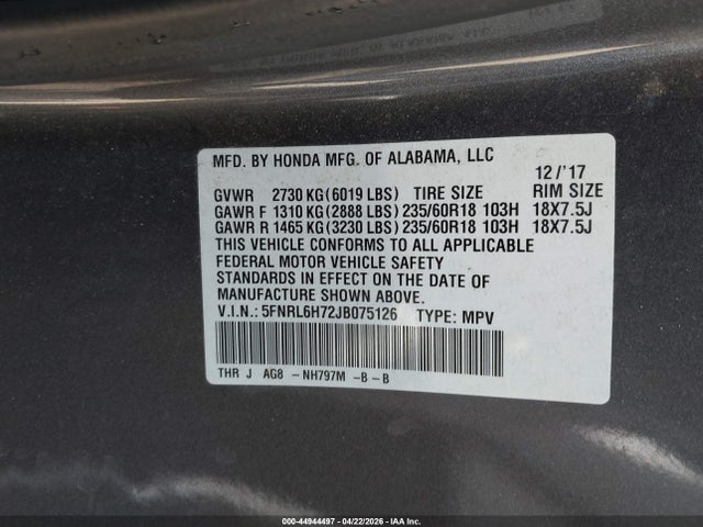 Honda Odyssey Ex-l 2018 5FNRL6H72JB075126 Image 9