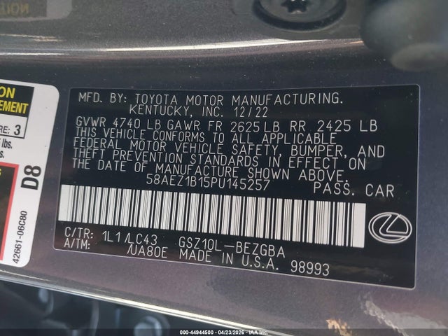 2023 Lexus Es 350 Luxury მანქანა იყიდება აუქციონზე, vin: 58AEZ1B15PU145257, აუქციონის ნომერი: 44944500