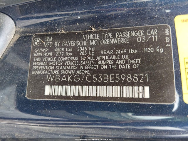 44944515 :رقم المزاد ، WBAKG7C53BE598821 vin ، 2011 Bmw 335i مزاد بيع