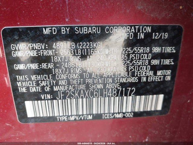 44944518 :رقم المزاد ، JF2SKAXC6LH487172 vin ، 2020 Subaru Forester Touring مزاد بيع