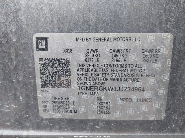 44944521 :رقم المزاد ، 1GNERGKW1JJ234964 vin ، 2018 Chevrolet Traverse 1lt مزاد بيع