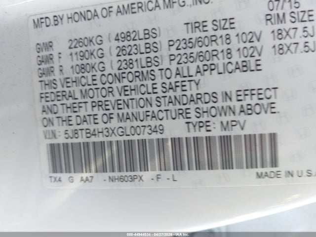 5J8TB4H3XGL007349 Acura Rdx Acurawatch Plus Package