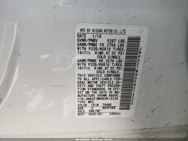 JN8AZ1MW9EW514226 Nissan Murano Le/s/sl/sv